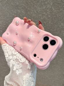 Premium Elegant 3D Crater Pink Soft Phone Case With Pearls, Compatible With Iphone 17 Pro Max/17 Pro/17 Air/17/16 Pro Max/16/16 Pro/16 Plus/15/15 Pro Max/15 Pro/15 Plus/13/14 Pro Max/13 Pro/13 Pro Max/14 Pro/14 Pro Max/14 Plus, Minimalist & Creative Design - Pink Crater + Pearl - View 3