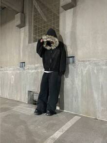 Men Hoodie Zip Up Y2k Zip Up Hoodie Fur Hooded Jacket Warm Winter Coat For Men With Hood Fur Collar Streetwear - 黑色 - 查看 2