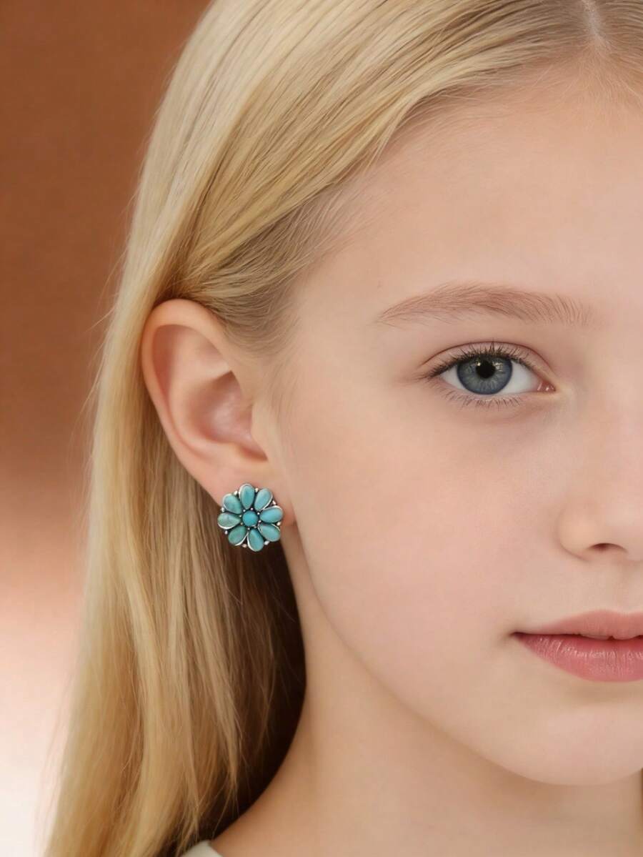 1对复古西部风格绿松石耳环，时尚新款合金镶嵌绿松石花朵耳钉