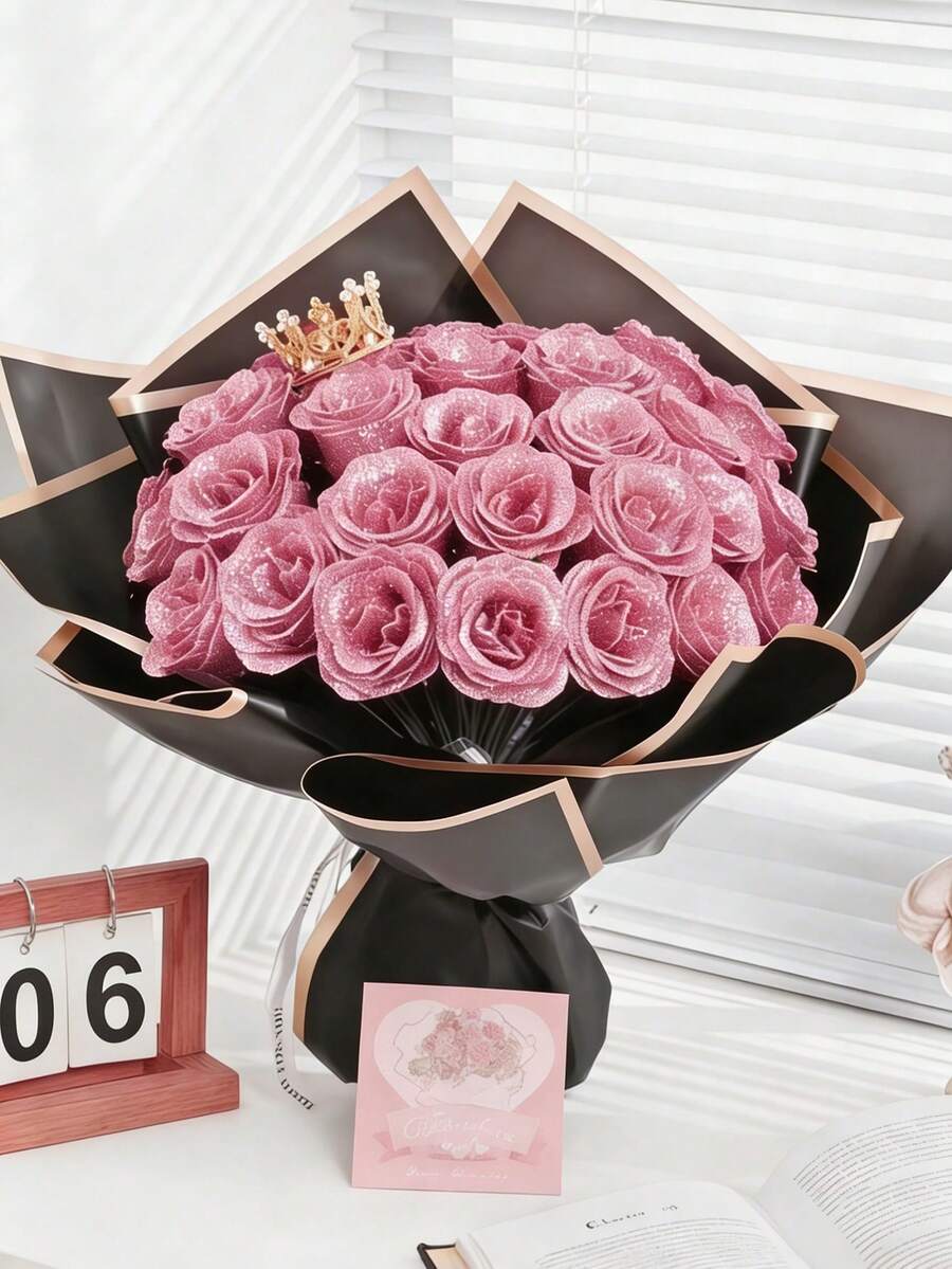 20/10pcs Shiny Rose Bouquet, DIY Artificial Glitter Rose Bouquet, Red Plastic Fake Roses, Artificial Roses, Everlasting Shiny Artificial Rose Bouquet, Suitable For Anniversary, Engagement, Wedding Gift, Home Decor, Office Kitchen Decor, Party Decor, Room Decor, Valentine's Day Decor, Mother's Day Decor, Valentine's Gift, Birthday Gift, Graduation Gift (Gift Bag Not Included) - Multicolor - View 1