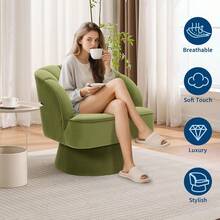 Silla de acento giratorio de 360 ° con reposabrazos, silla redonda moderna con espalda curva y cojín, tela de peluche / terciopelo cómodo sillón tapizado sofá para sala de estar, dormitorio, sala de lectura, 1PCS - Terciopelo verde - Ver 5
