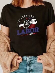 Women'S Casual Labor Day Graphic T-Shirt - White Short Sleeve Crew Neck With Hammer & Wrench Design, Light Blue Jeans, And Cardigan, Perfect For Spring & Summer, Casual AttireCelebratory DesignComfortable Fit - màu đen - Xem 2