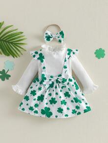 Irish Day Infant Baby Girl Spring Outfit Clover Ribbed Fake Two-Piece Long Sleeve Shorts Romper And Bow Headband 2 Piece Set Cute Leisure Festival Clothes Ideal For 3-24Months - White - View 6