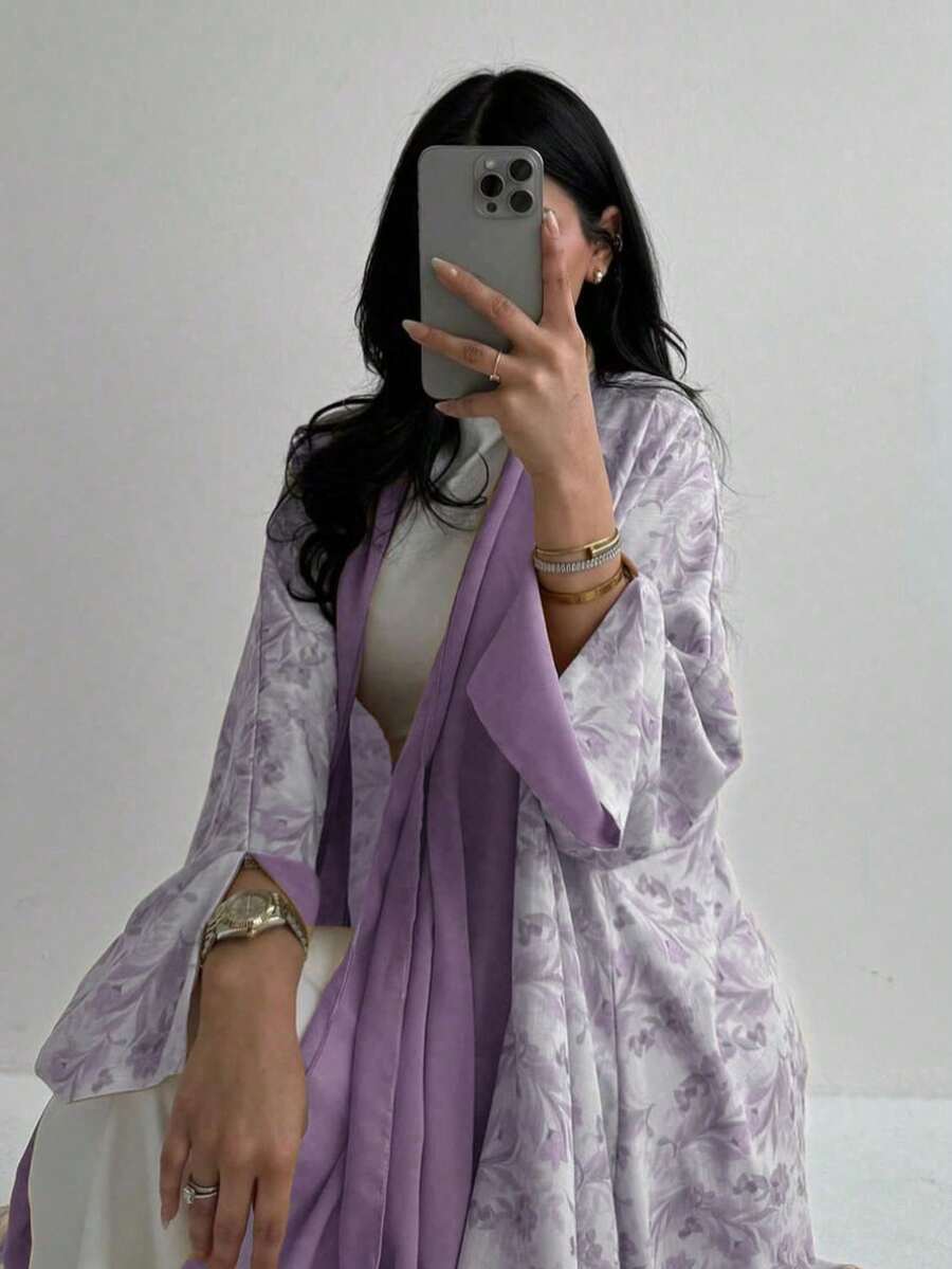 一件女士优雅时尚套装,长裙,优雅开衫,撞色印花长袍,开衩袖长袍,阿拉伯风格阿巴雅长袍 - 紫丁香色 - 查看 1