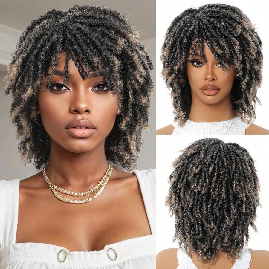 Wig For  And Men Short Afro Twist Faux Locs Braided Wigs Glueless Synthetic Afro Curly Wigs Ombre Blonde, 12 Inch - Ombre tóc vàng - Xem 1