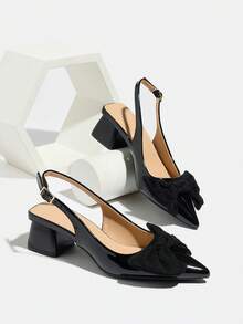 女士尖头粗跟鞋，蝴蝶结高跟鞋，法式经典优雅露趾后系带高跟凉鞋，优雅迷人的夏季日常、派对、购物、通勤穿着皆宜，黑色舒适PU粗跟鞋，适合假日、婚礼、学校派对、办公室、度假、音乐节、母亲节等场合，时尚粗跟鞋/优雅女士黑色凉鞋 - 黑色 - 查看 5