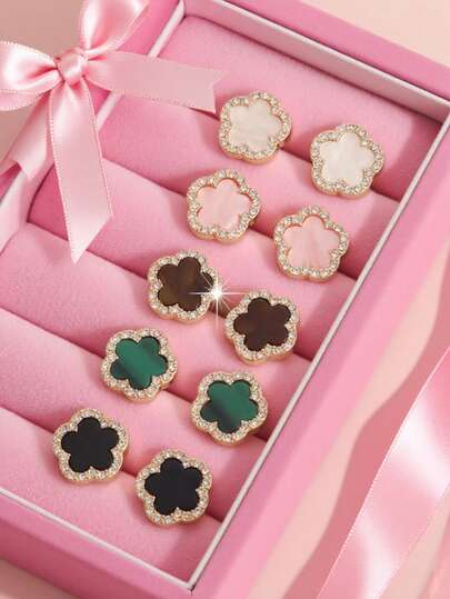 1 Pair Minimalist Sweet Cute Clover & Rhinestone Flower Stud Earrings, Suitable For Girls Daily Wear