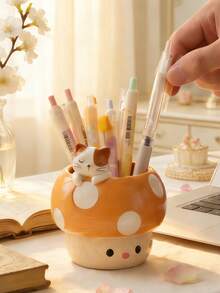 1个可爱蘑菇造型动物笔筒 - 桌面收纳架，适合存放钢笔、铅笔和化妆刷。优雅的桌面装饰，适合学校、办公室和家庭使用。送给孩子、青少年和家人的可爱文具收纳礼物。 - 彩色 - 查看 5