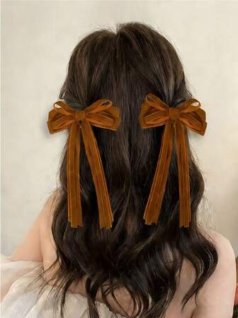 2 PCS Brown Velvet Hair Bow Clips 2 Layers Hair Ribbon Bows Long Tails Fall Winter Hair Accessories For Girls Women,Hair Bows For Daily Use,Bow Hair Clips For School Life And Gifts For Party