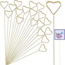 20pcs Metal Flower Bouquet Card Holders, Gold Heart Flower & Photo Clip Stands, Card Message Flower Bouquet Holders, Suitable For Weddings, Birthday Parties - Gold - View 1