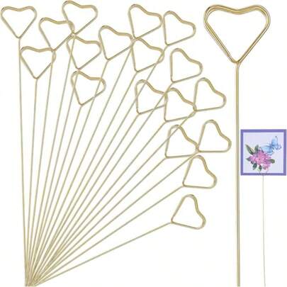 20 piezas Soportes metálicos para ramos de flores, Soportes en forma de flor y corazón dorado para fotos y tarjetas, Adecuados para bodas, fiestas de cumpleaños