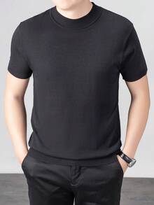 男士短袖半高领毛衣，轻盈透气针织上衣，休闲日常百搭打底衫 - 黑色 - 查看 2