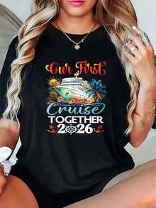 100% Cotton Unisex Our First Cruise 2026 Together Cute Matching Couples Cruise T-Shirt Autumn Round Neck Top For Women's Men - Black - View 1