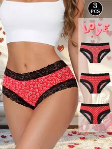 3条/包 情人节红色浪漫蕾丝拼接女士内裤，心形字母波点印花弹力透气内裤 - 彩色 - 查看 4
