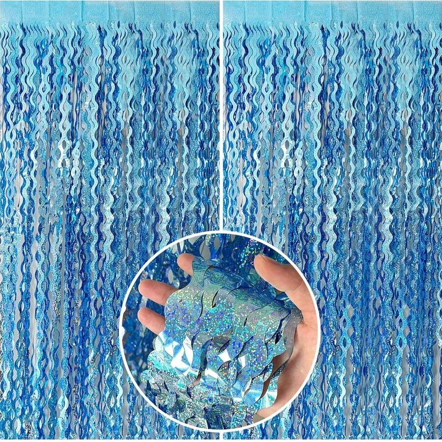 2 Packs Of Turquoise Blue Wavy Foil Fringe Curtain For Party Decor, Shiny Tinsel Backdrop For Photography, Suitable For Photo Studio Props, Beach Party, Theme Party, Underwater Celebration, Birthday And Wedding Decoration, Also Applicable For Christmas, Graduation And Anniversary - Multicolor - View 1