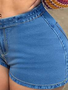 Women's Bestseller Stretchy High Waist Butt Lifting Classic Denim Shorts For Women - Sexy Curvy Fit | Elastic Fabric | Perfect For Summer Outings/Date/Party Outfits - 淺色水洗藍 - 查看 4