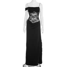 Spring Summer Women's New Dress Solid Color Strap Lace Patchwork Slim Dress - Black - View 2