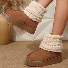 Short Knit Cuff Snow Boots Faux Furry Boot Upper Platform Sole Warm Lining Warm Boots Shoes Snow Boots Ankle Boots Outdoor Winter Boots For Women - 棕色 - 查看 3