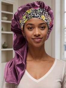 1pc Geometric & Leopard Print Polyester Satin Bonnet, 12 Constellations Personalized Printed Satin Wide-Brimmed Elastic Sleep Cap Hat (Random Printing Pattern) Hair Sleep Cap - Bean Paste Color 15/3 - View 15
