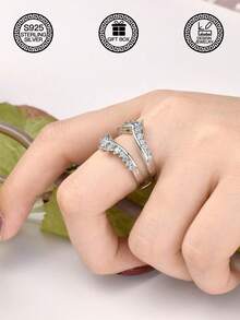 1 chiếc nhẫn bạc 925 hai lớp hình chữ V đính đá Cubic Zirconia, thiết kế vương miện, nhẫn hình trái tim đính đá Cubic Zirconia, thời trang cho đeo hàng ngày và đám cưới, món quà lý tưởng cho bạn gái, kèm hộp quà. - Zircon hình chữ V hai lớp - Xem 9