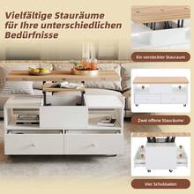Height-Adjustable Coffee Table With Folding Function And 4 Drawers, 100 X 50 X 47.5 Cm, One Large And One Small Table With Hydraulic Lift, Mobile Living Room Table With Universal Casters, Coffee Table - White - View 11