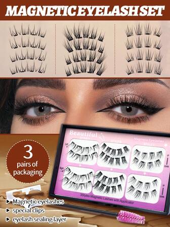 3 Pairs Magnetic False Eyelashes With Applicator Tweezers & Brush, Suitable For Women Daily Commute, Party, Date