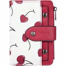 CLUCI - portafolios pequeña para mujer, de piel, con cierre y ventana de identificación extraíble, Beige con marrón., Pequeño, Compacto - Patrón de estampado de cerezas - Ver 4