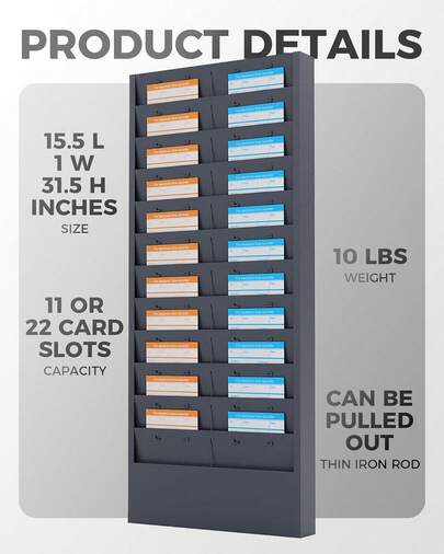 OSKIE Professional Wall-Mount Job Ticket Rack, Document Organizer 11 Or 22 Adjustable Slots, Powder Grey-Bule, 31.5 X 15.5 X 2 Inches