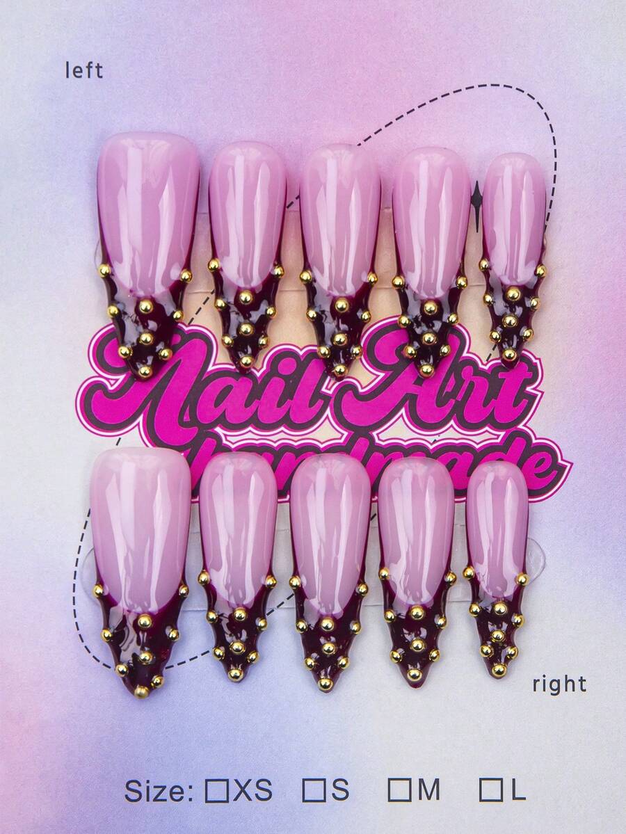 10片/套 手工杏仁形Y2K坏女孩风格美甲贴片，裸色、红色、金色、银色亮面法式美甲贴片，饰有十字架、爱心、珠子、水钻元素，适合派对、婚礼、日常佩戴，包含工具包，是送给女性和女孩的绝佳礼物。 - 紅色 - 查看 1