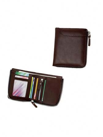 HOVI'S Brown Textured PU Leather Zipper Wallet - With ID Window, Multiple Card Slots, Compact Coin Pouch, Unisex