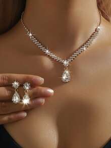 3pcs/Set Water Drop Bridal Women's Fashion Crystal Necklace Earrings, Luxury Jewelry Set Suitable For Wedding Birthday Gifts, Parties. - Multicolor - View 11