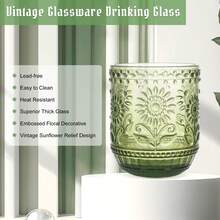 4 Pack Vintage Tumblers, 12 Oz Embossed Floral Glasses, Heavy Duty Colored Glassware For Whisky Beer Juice Cocktail, Drinking Cup Set - màu xanh lá - Xem 8