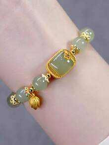 女士优雅莲花串珠手链，奢华配饰，时尚日常饰品 - 綠色方糖蓮蓬手鍊#SZ582 - 查看 1