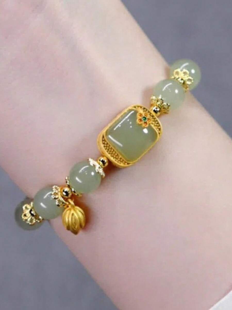 女士优雅莲花串珠手链，奢华配饰，时尚日常饰品 - 綠色方糖蓮蓬手鍊#SZ582 - 查看 1