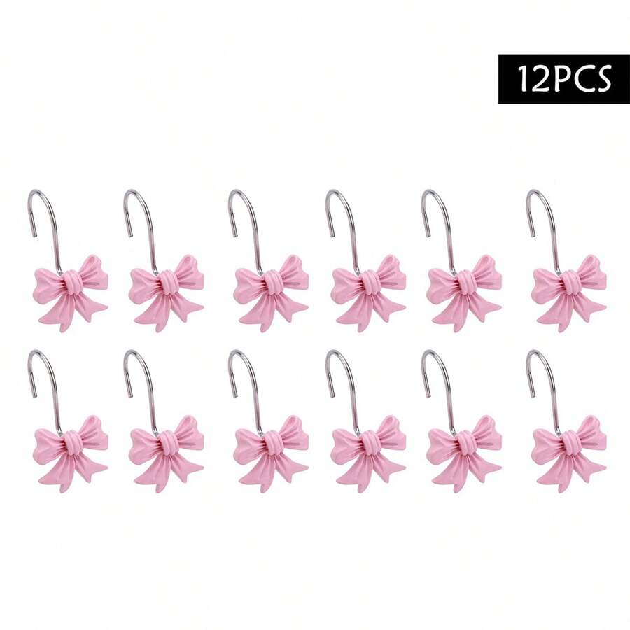 12 Pcs Bow Shower Curtain Hooks Durable Rustproof Metal Decorative Curtain Hangers - Pink - View 1
