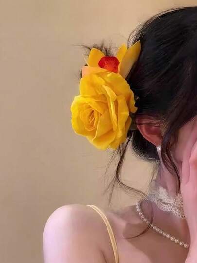 1pc Women's Bohemian Style Yellow Flower Duck Clip, High-Quality Elegant & Minimalist Hair Accessory, Suitable For Daily, Casual, Party, Work, Vacation, Face Washing, Makeup, Outfit Matching