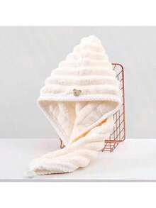 1pc Coral Fleece Thickened Embroidered Hair Drying Towel Cap, Super Absorbent And Quick Drying Microfiber Hair Turban Hair Sleep Cap - White - View 7