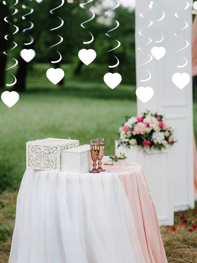 12pcs White Heart & Spiral Wreath, Ceiling Vortex Foil Decor Hanging Plastic Streamers For Vortex Theme Party, Wedding, Birthday Party, Hanging Ribbon Decor, Halloween, Valentine's Day