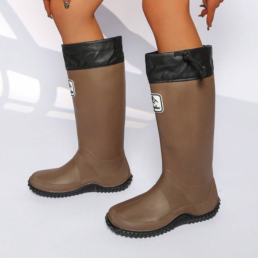 Women's Knee-High Rain Boots, Elastic Band, Waterproof, Anti-Slip, Thick Sole, Fashion - Brown - View 1