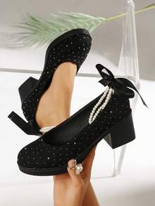 Giày cao gót Mary Jane dành cho học sinh tuổi teen, mũi tròn đính ngọc trai, quai cài, thích hợp cho nữ, mùa xuân/hè. - màu đen - Xem 5