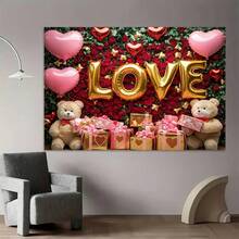 1 Romantic Valentine's Day Theme Polyester Background Fabric, Durable, Festive Red And White Decor With Heart Balloons, Roses, And Teddy Bears, Perfect For Store Windows Or Party Atmosphere - Multicolor - View 8