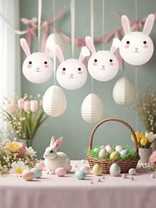 1 Lanterna de Papel com Coelho de Desenho Animado Adorável - Decoração Divertida para Festas de Páscoa e Aniversário com Balões em Tons Pastel e Figuras de Coelho, Acessório Festivo para Festas | Design Alegre | Artesanato em Papel Resistente, Decorações para Festas - Multicolorido - Ver 4