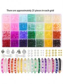 700pcs 6mm Glass Beads Bracelet Making Kit, Includes 28 Colors Crystal Glass Beads, Alloy Pendants, Beading Thread, Suitable For DIY Bracelets, Necklaces, Earrings, Crafts, Great For Beginners (Random Colors)