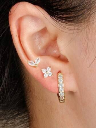 3pcs/Set Delicate & Fashionable Bud & Flower Earrings, Fully Studded With Diamonds, High-End Design, Versatile For Daily Wear And Dates