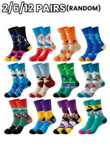 2/6/12 Pairs Random Fashionable Versstile Creative AB Asymmetrical High Top Socks With Cartoon Animal, Tool, And Character Patterns - Multicolor - View 15