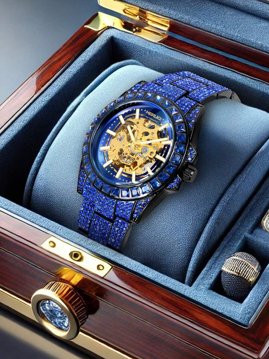 1 pieza Reloj mecánico de lujo para hombre totalmente cubierto de diamantes con correa de acero azul - mirar - Ver 1