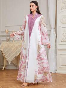 Elegant Women's Ramadan New V-Neck Printed Embroidered Kaftan Robe, Suitable For Home, Daily Wear, Dates, Eid Al-Fitr Celebration, Eid Al-Adha Party, Abaya - Pink - View 5