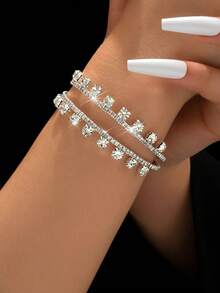 1pc Women's Luxury Elegant Double Row Rhinestone Bangle, Suitable For Daily Wear - Silver - View 2