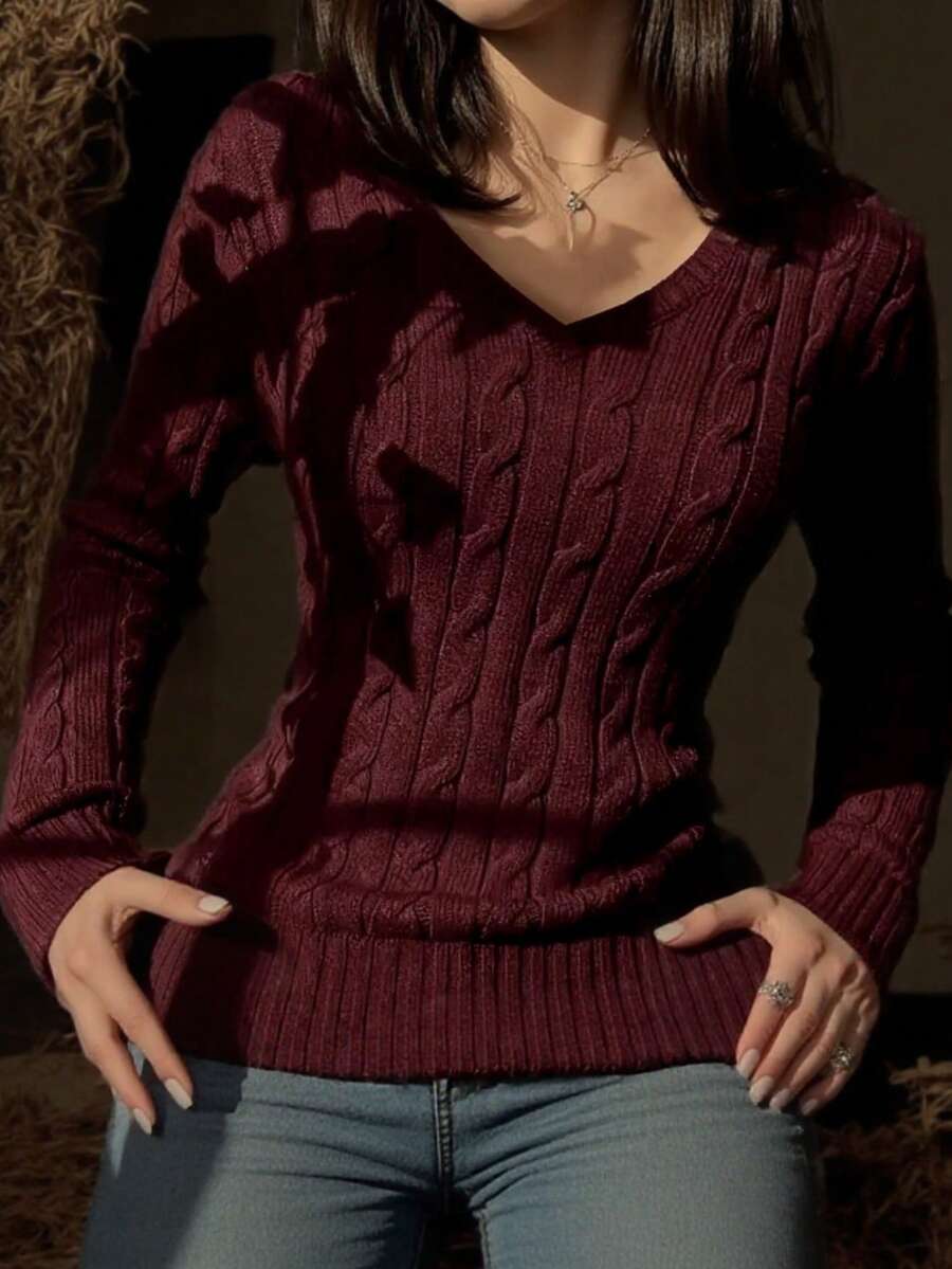 Women's Solid Color Cable Knit Loose Pullover Sweater - Burgundy - View 1