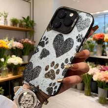 Carcasa de teléfono con diamantes de imitación blanca con corazones y huellas de perro para mujer elegante para uso diario y eventos especiales,Aplicable a los teléfonos de la serie Apple y Galaxy - Blanco - Ver 6